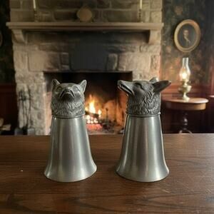 Vintage Pewter Fox Head Stirrup Cups-Pair-English Hunting-Barware-Equestrian-Man